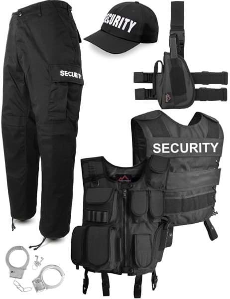 Bild von SECURITY Set mit Schriftzug auf Tactical Weste, Rangerhose und Cap dazu Pistolenholster und Handschellen